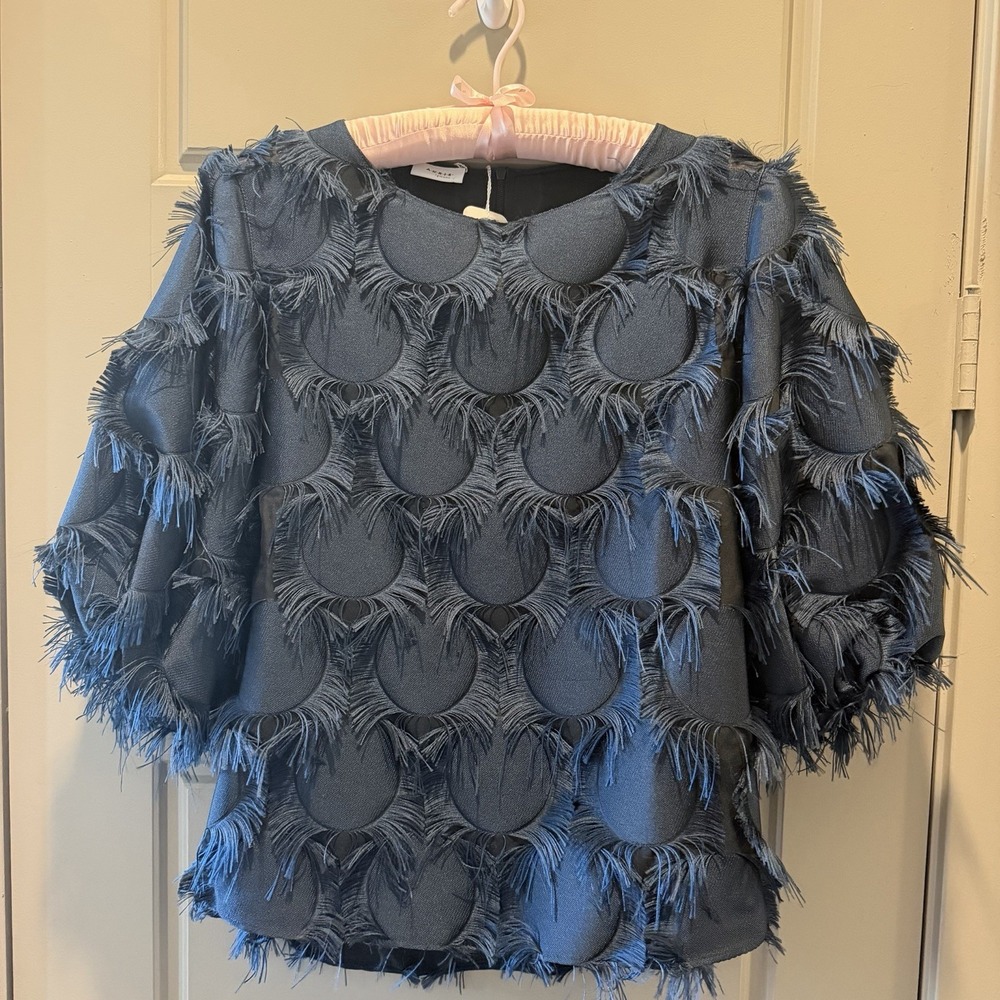 NWT Akris Punto Women's Textured Fringe Circle Mesh Top Blue Gray Size 6